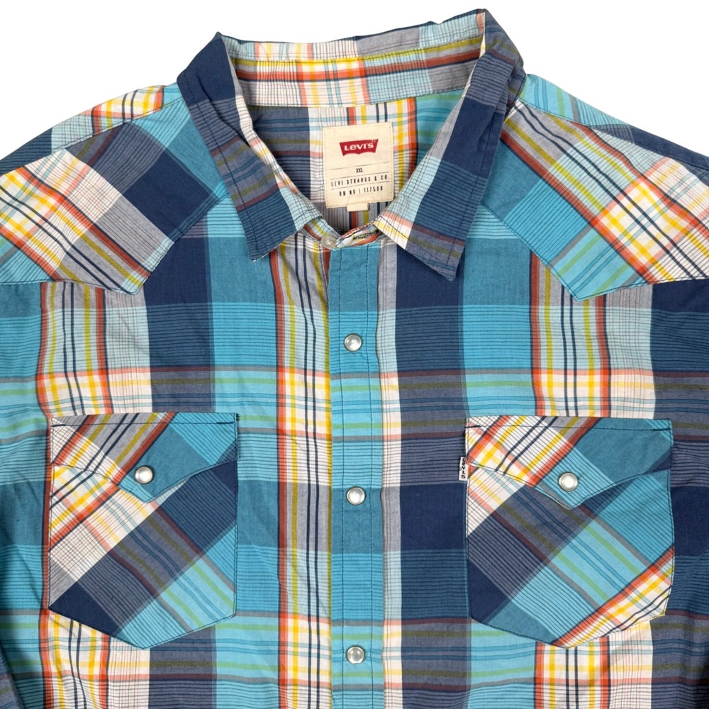 Levis Mens XXL Western Plaid Pearl Snap Button Shirt Blue Orange 2XL 3LYLW3302 - Picture 2 of 7